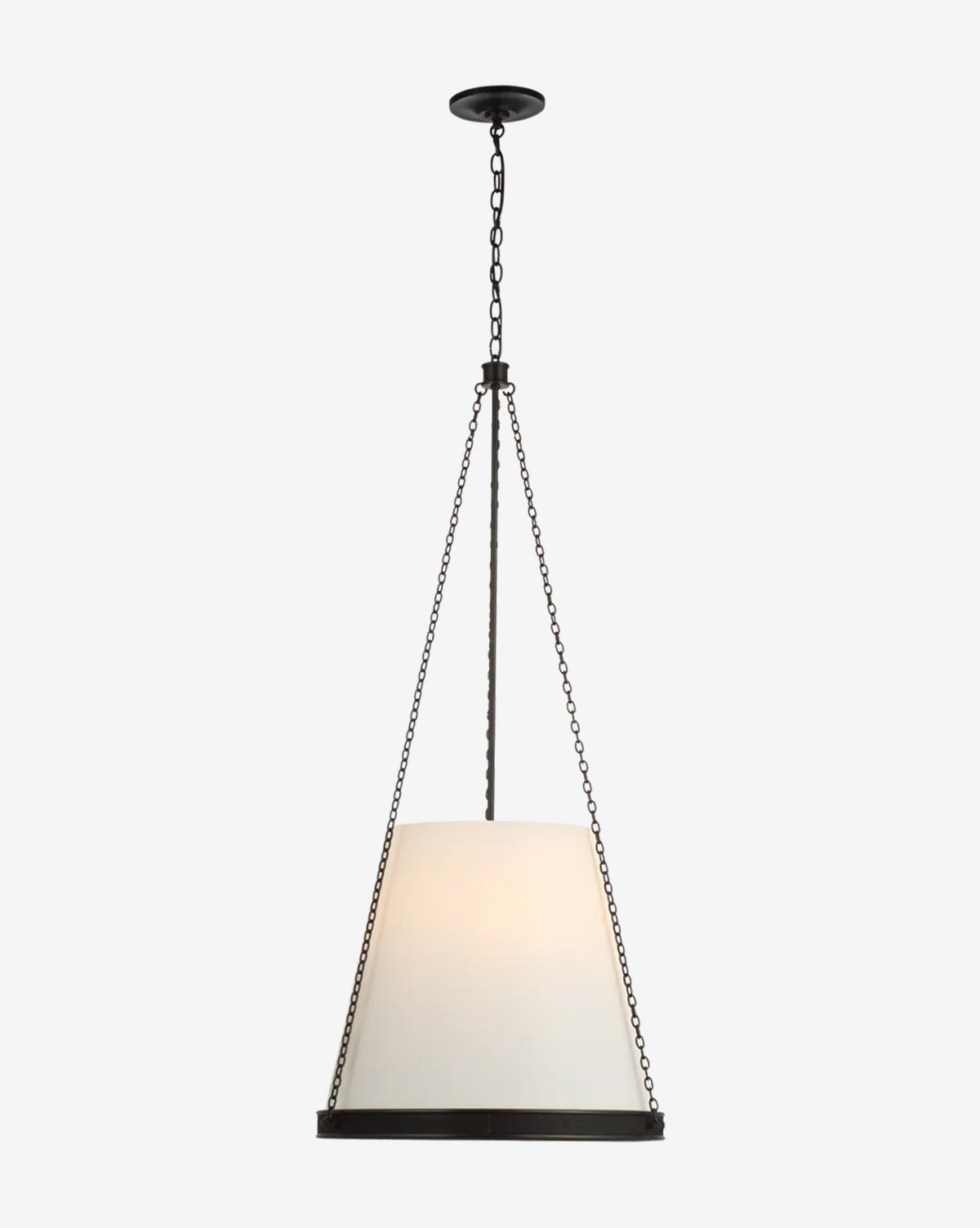 The Reese Pendant features a white conical shade and hangs from three black metal chains attached to a circular ceiling mount, by McGee & Co.
