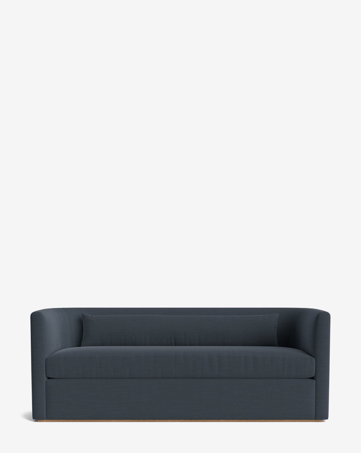 The Reese Sofa (84-96) showcases a modern dark gray upholstered design with rounded arms, a low backrest, alder wood frame, and plush down-wrapped cushions, displayed against a plain white background by McGee & Co.