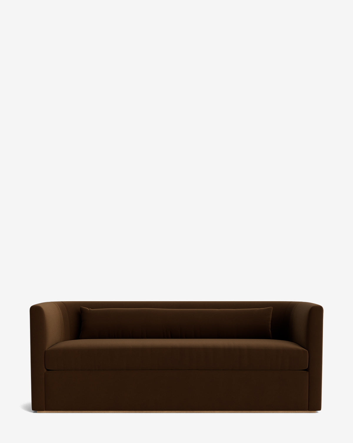 The Reese Sofa (84-96) is a modern brown upholstered sofa with a curved backrest and arms, a single down-wrapped cushion, and a low-profile handcrafted alder wood frame, shown against a plain white background by McGee & Co.