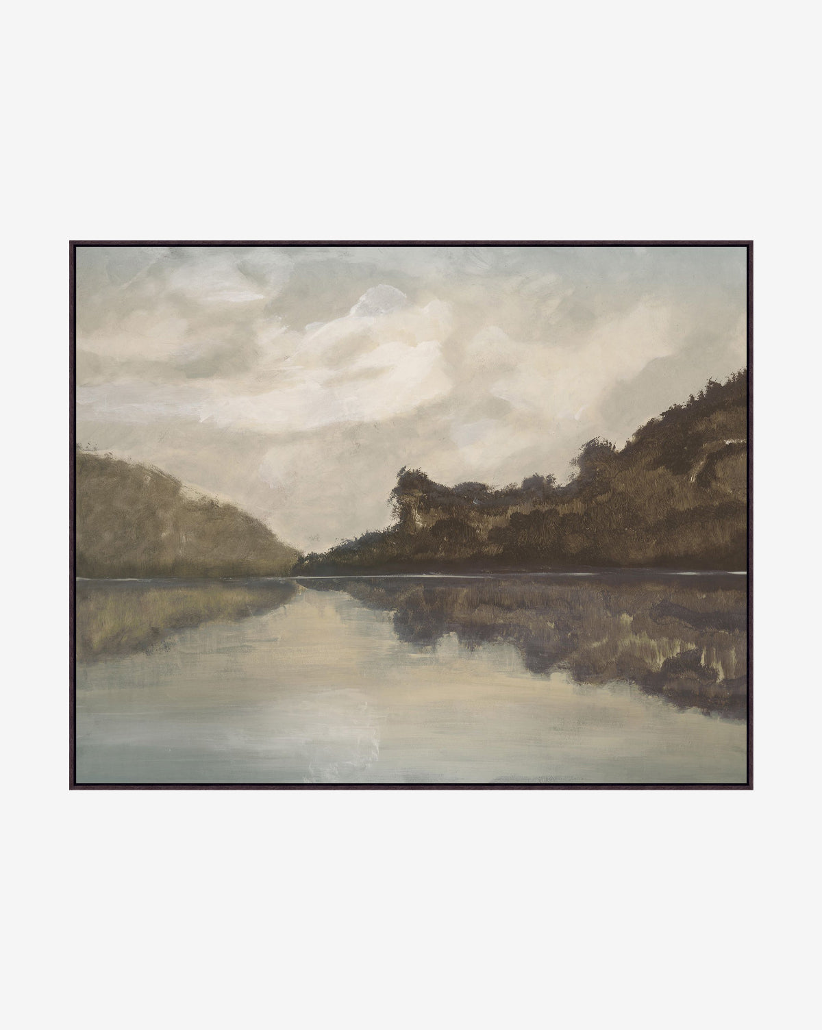 Reflection of the Dawn is a stunning giclee print featuring a serene lake mirroring cloudy skies and tree-covered hills in muted earth tones, beautifully presented in an elegant wood floater frame, by McGee & Co.