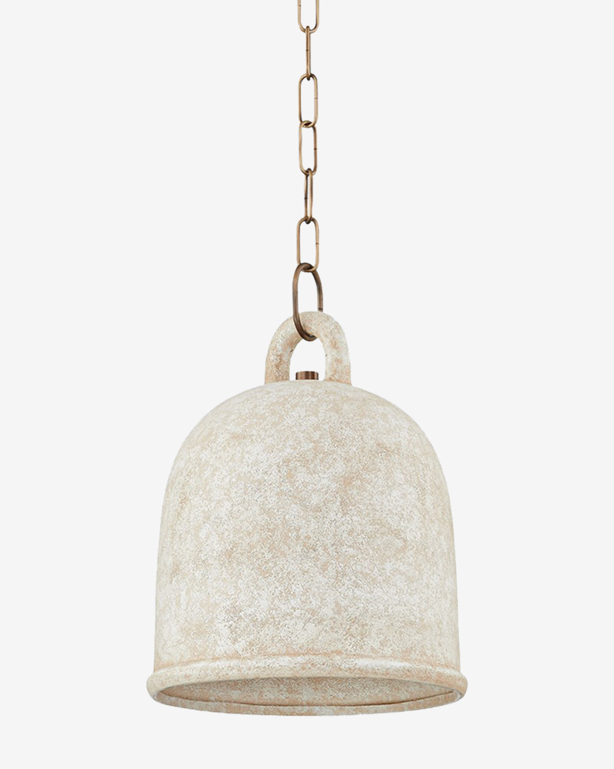 The Relic Pendant features a dome-shaped, textured off-white ceramic shade suspended from a patina brass chain, displayed against a plain white background, by McGee & Co.