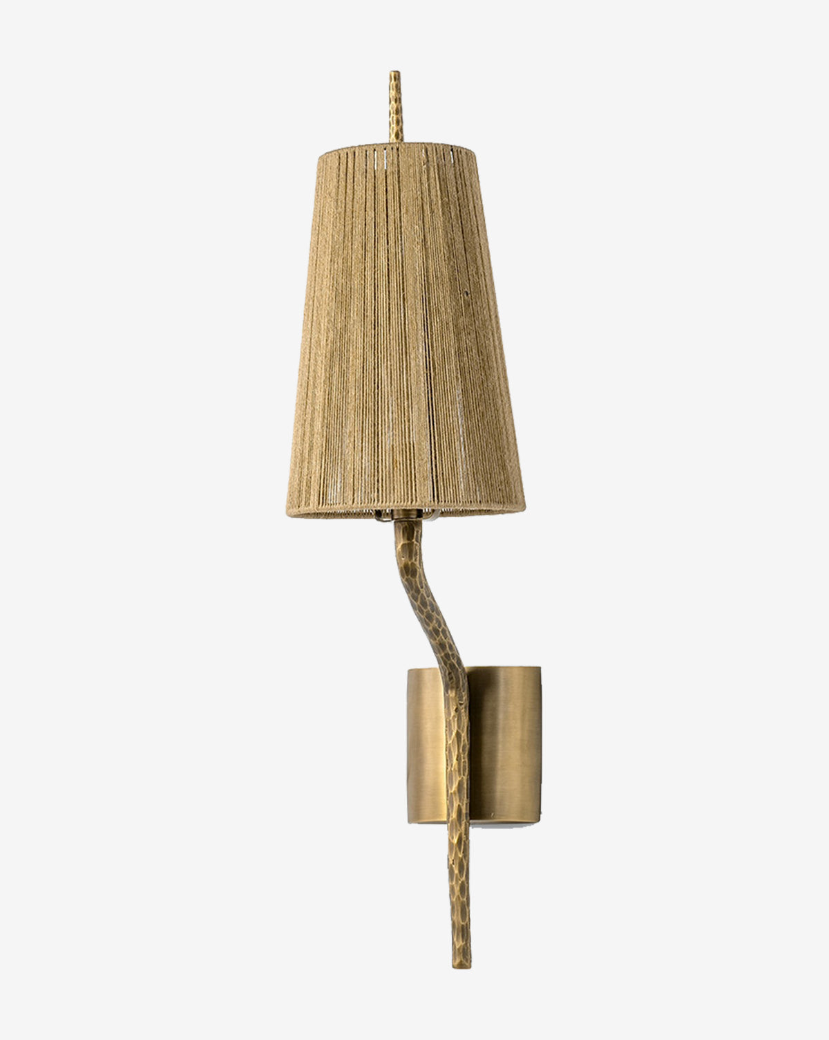 The Renee Single Sconce by Palecek features a textured brass base and a tall, tapered woven jute lampshade, adding natural style to modern décor. Shown against a plain white background. McGee & Co.