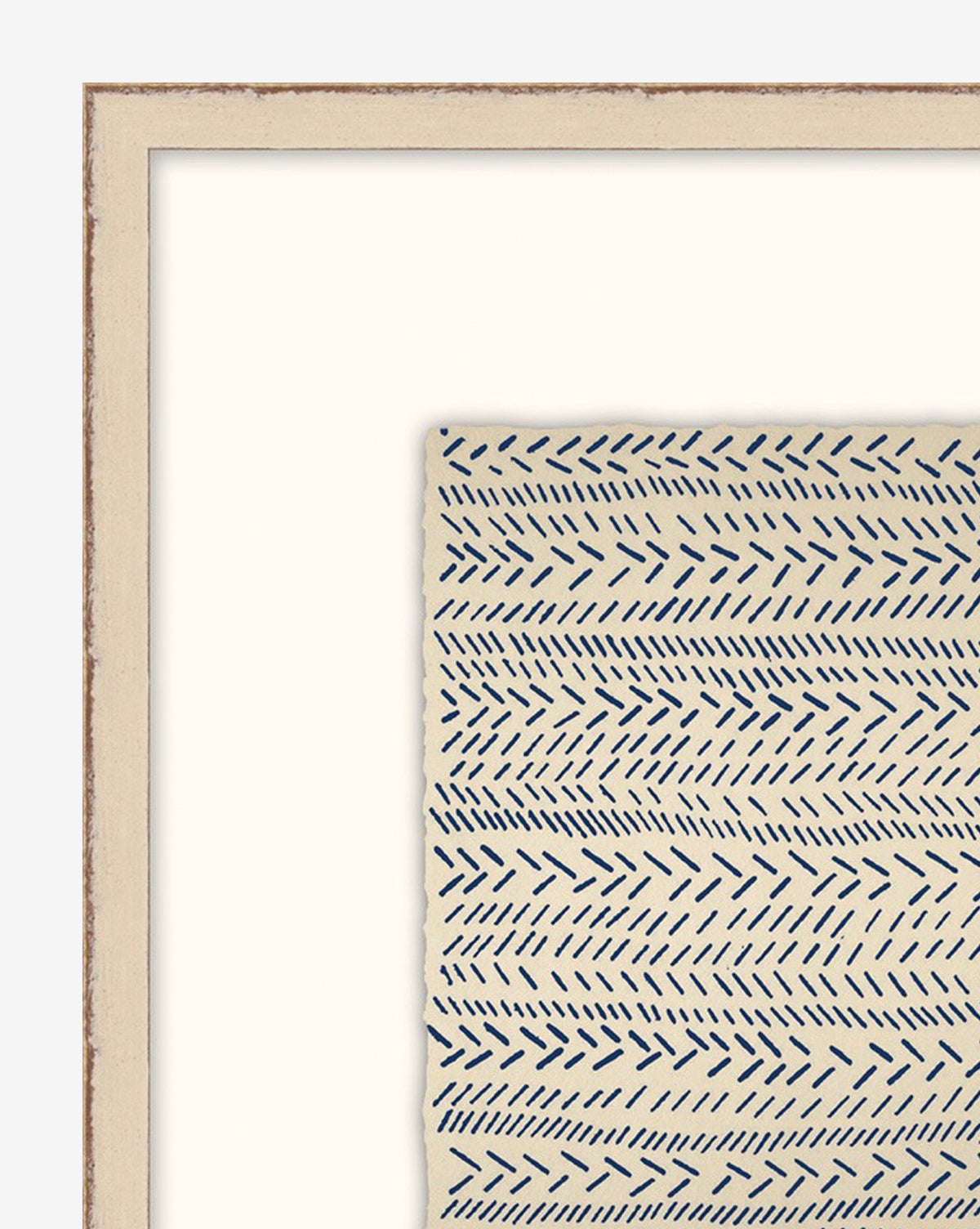 Repetition 7 is a framed artwork showcasing off-white fabric with sapphire blue, hand-drawn dash and arrow patterns in a geometric design. It features a neutral, lightly distressed mat and frame for a stylish, textured look.