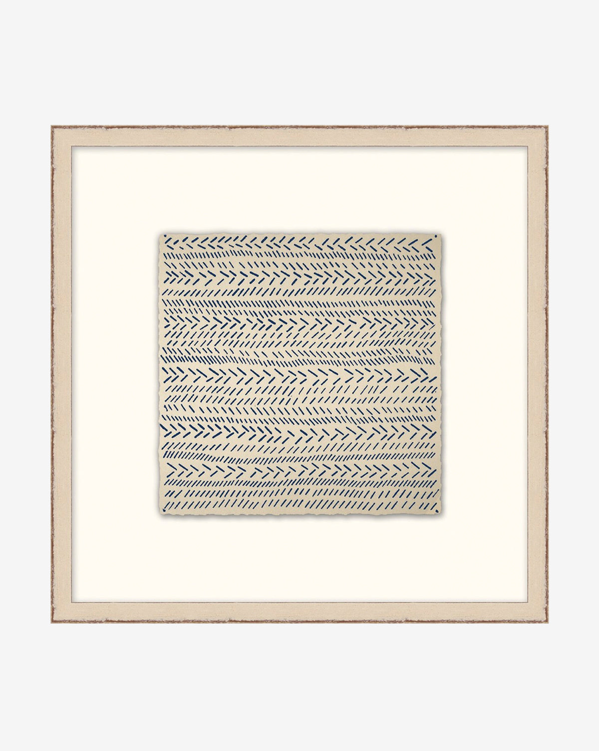 Repetition 7 is a framed artwork showcasing a black hand-drawn, arrow-like square pattern on white, evoking nature, centered on a cream mat with a light wood frame.