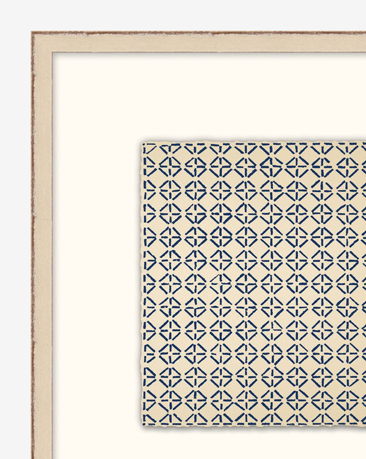 Repetition 8 is a framed artwork showcasing a beige textile square with abstract dark blue geometric shapes in a grid pattern, complemented by an off-white mat and slim light wood frame.