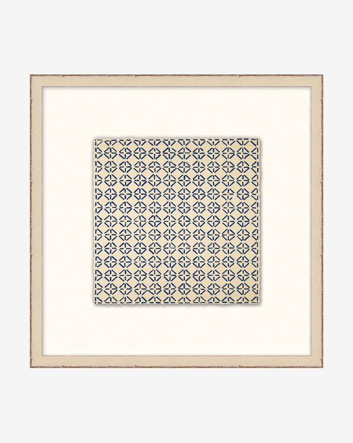 Repetition 8 is a framed artwork featuring an abstract geometric navy blue and white tile design, centered on a cream background and bordered by a simple beige frame for a clean, modern look.
