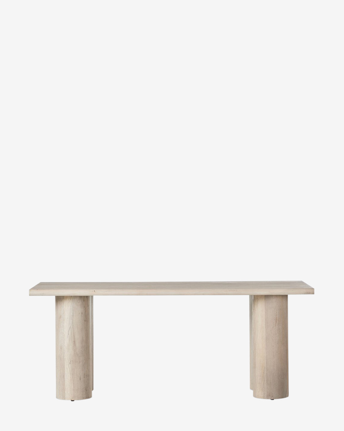 The Rexford Desk is a minimalist, light wood desk featuring a flat rectangular top and two wide cylindrical legs, ideal as a contemporary workspace in your home office, shown against a plain white background by McGee & Co.