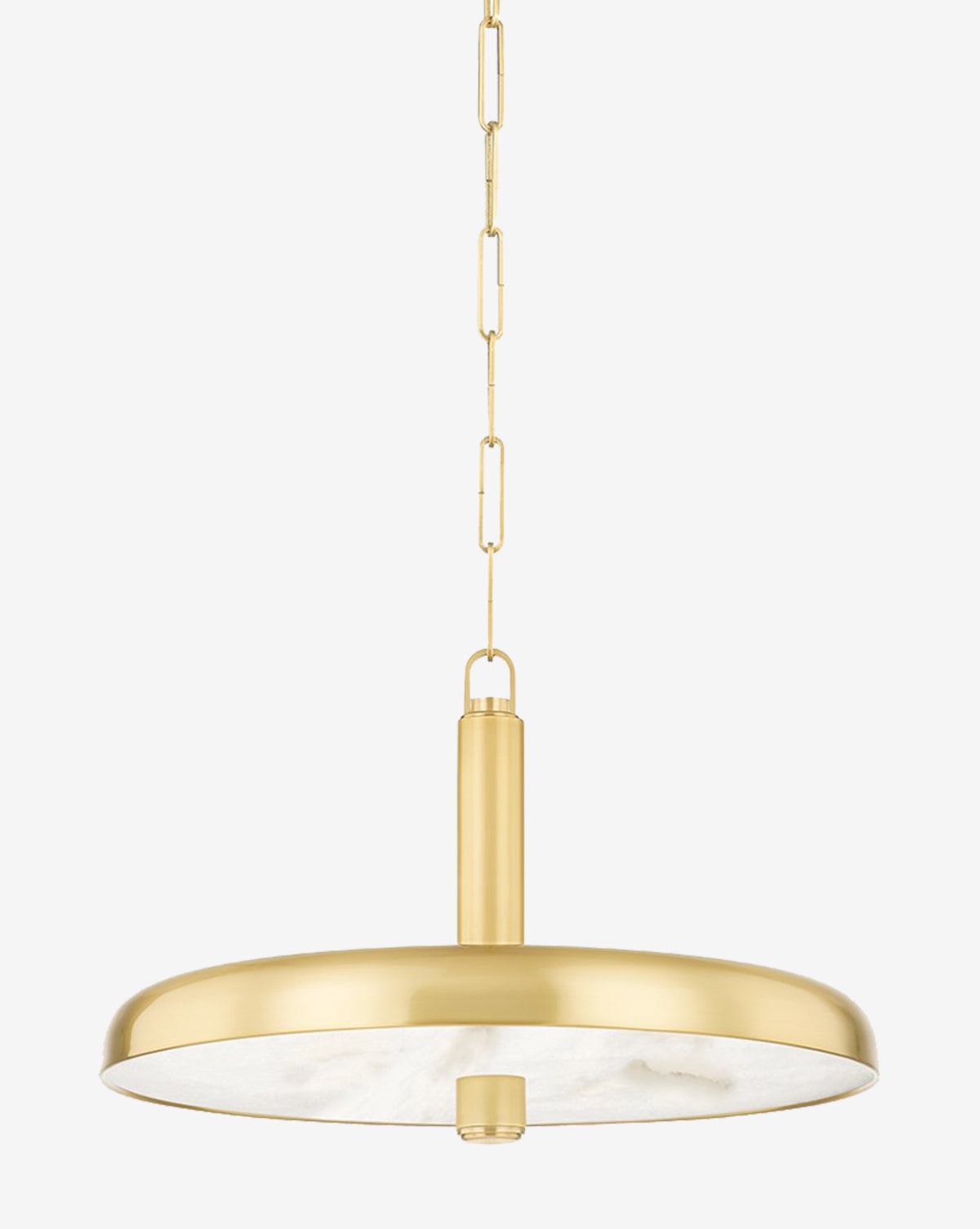 The Reynolds Aged Brass Pendant features a round, flat shade and a sleek cylindrical stem, suspended from a matching gold chain, shown against a plain white background by McGee & Co.