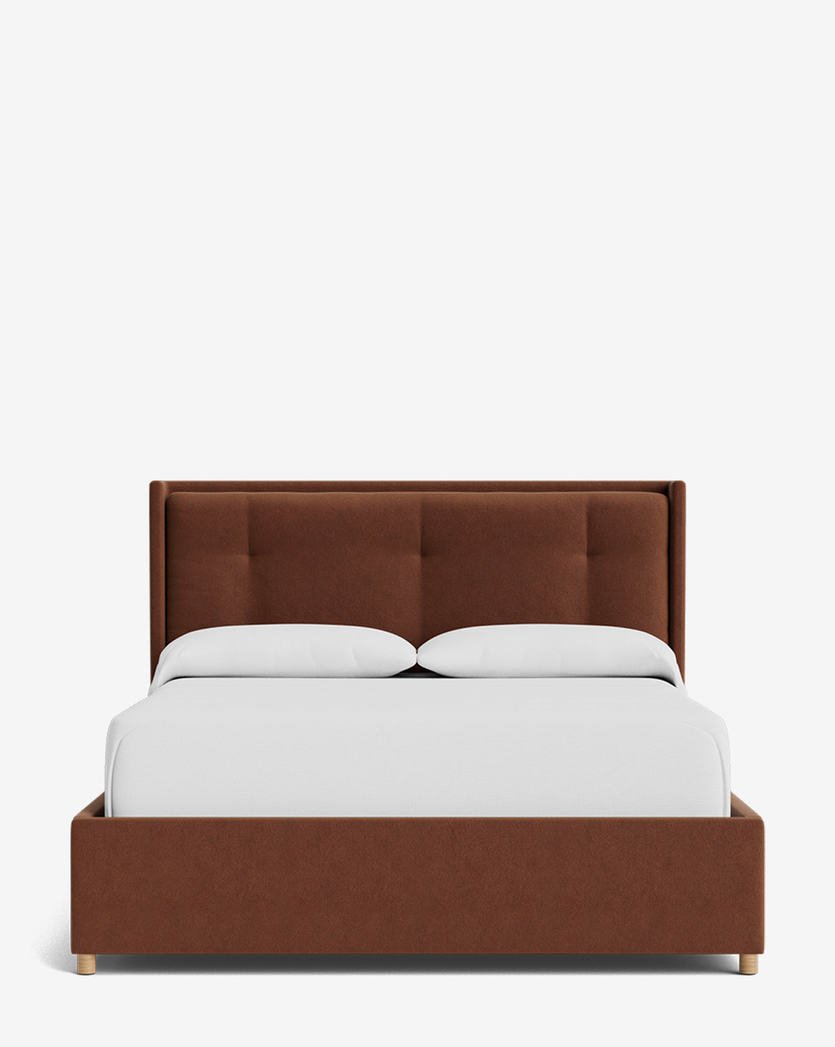 The Ria Bed Low Headboard features a brown upholstered frame and headboard, white bedding, and two pillows, shown from the front against a plain white background by McGee & Co.