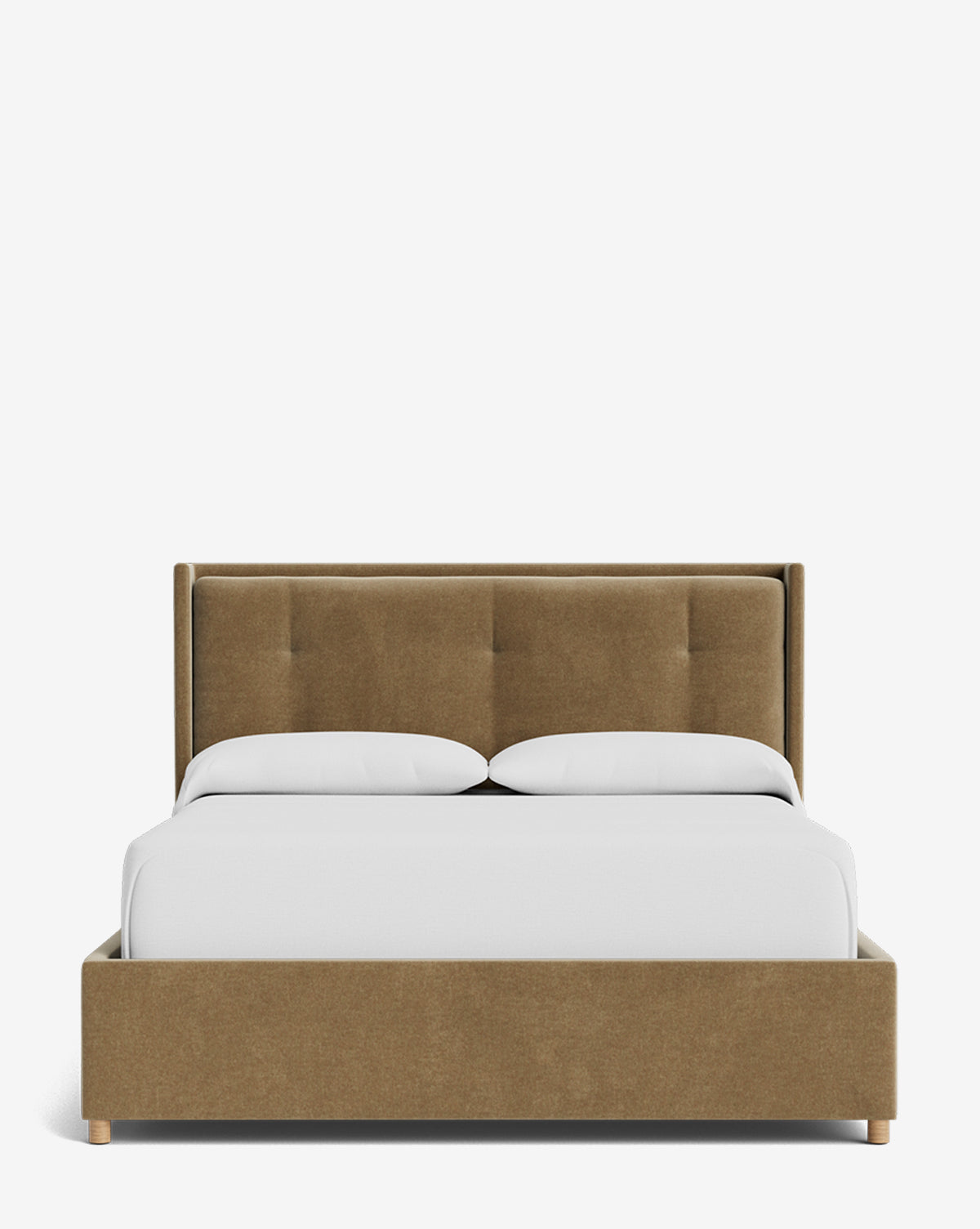The Ria Bed Low Headboard features a tan upholstered frame and headboard, styled with two white pillows and a crisp white duvet, shown from the front against a plain white background by McGee & Co.