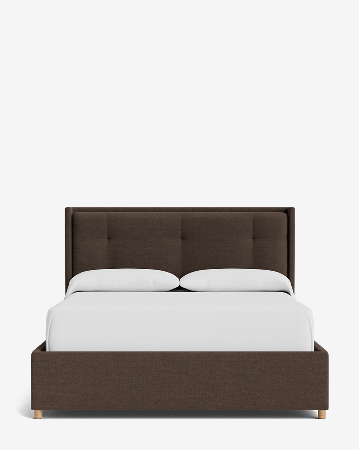 The Ria Bed Low Headboard features a modern, dark brown upholstered design with a rectangular, tufted headboard and white bedding, displayed from the front against a plain white background by McGee & Co.