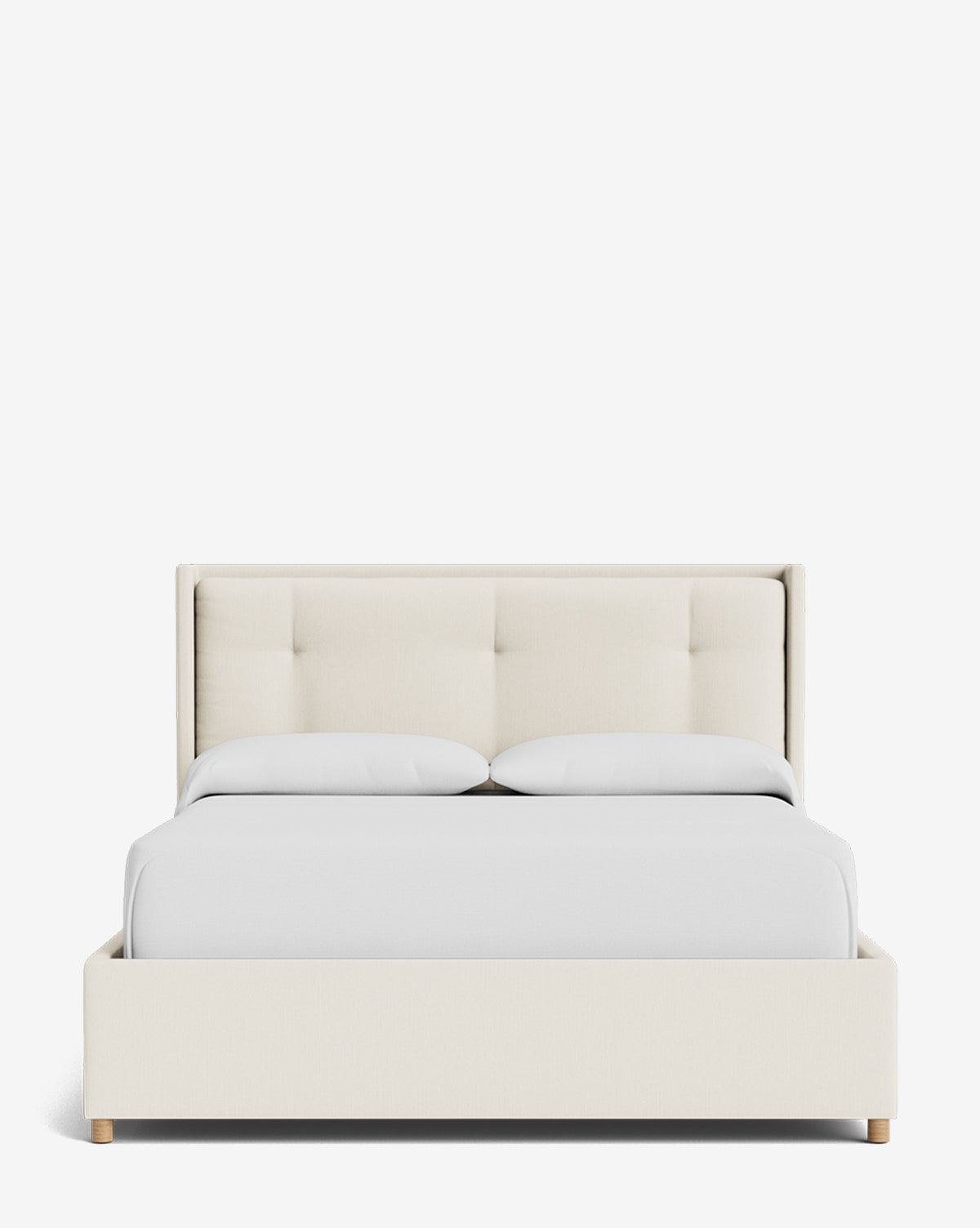 The Makerspalm Ria Bed Low Headboard features a modern design with a tufted light beige headboard, low matching frame, white bedding, and two pillows, all shown from the front against a plain white background. McGee & Co.