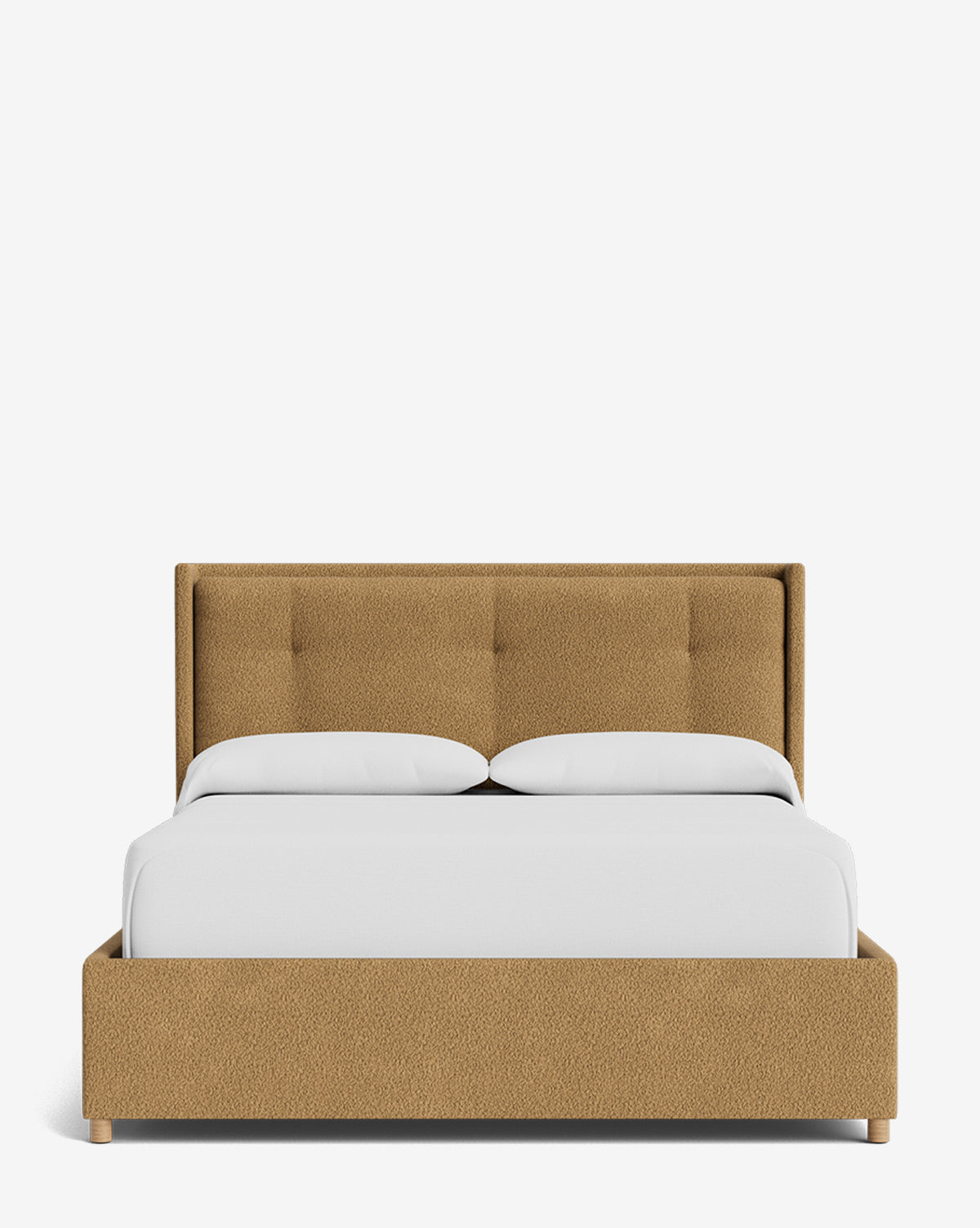 The Ria Bed Low Headboard features a tan upholstered frame and headboard with a clean, modern design. Its shown neatly made with white bedding and two pillows against a plain white background by McGee & Co.