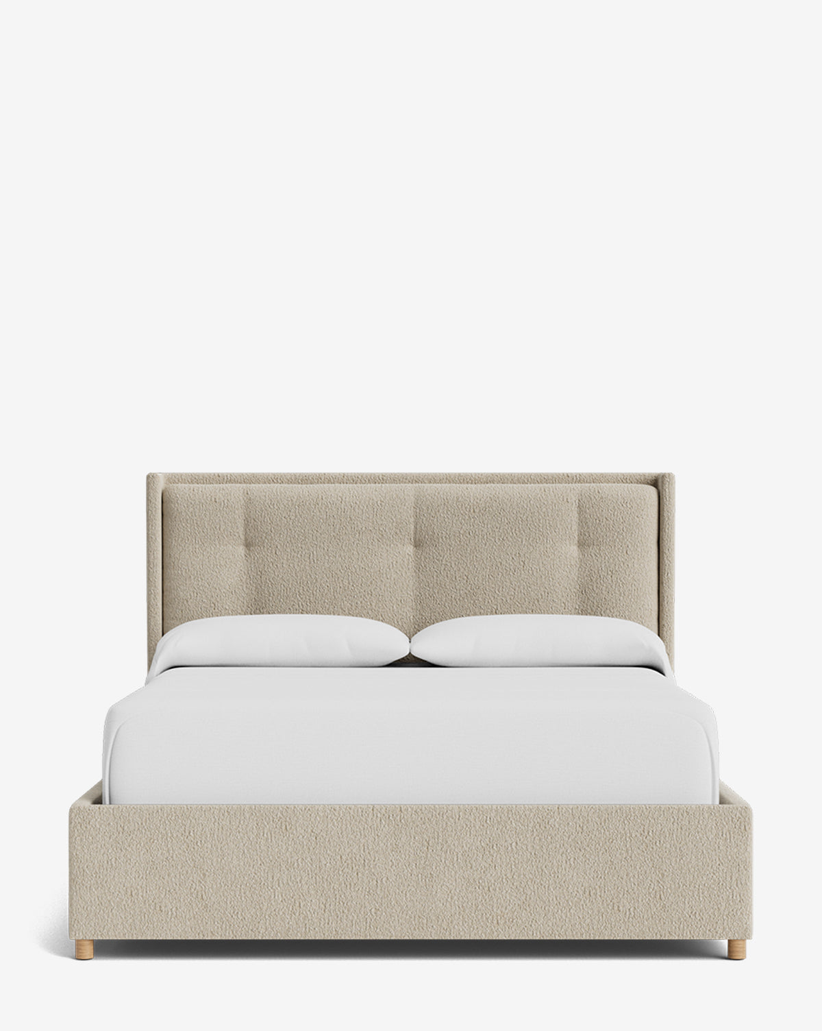 The Ria Bed Low Headboard is a modern upholstered bed with a light beige, tufted headboard and footboard, shown with white bedding and two pillows against a plain white background, by McGee & Co.