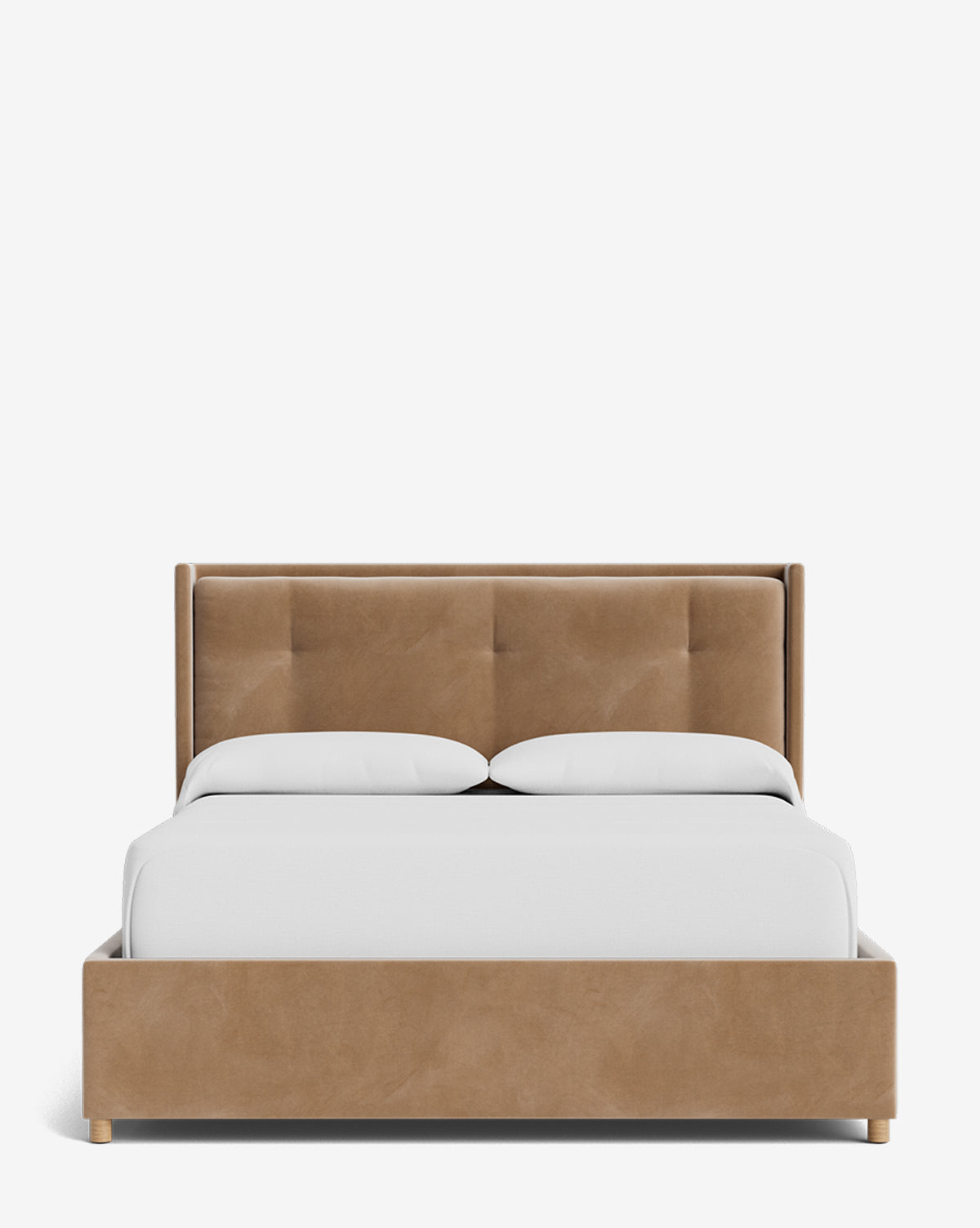 The Ria Bed Low Headboard is a tan upholstered bed with a tufted headboard and crisp white bedding, displayed from the front against a simple white background, by McGee & Co.