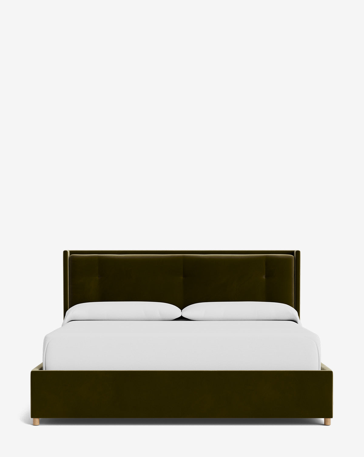 The Ria Bed Low Headboard features a modern dark green upholstered frame with white bedding and two pillows, shown from the front against a plain white background, by McGee & Co.