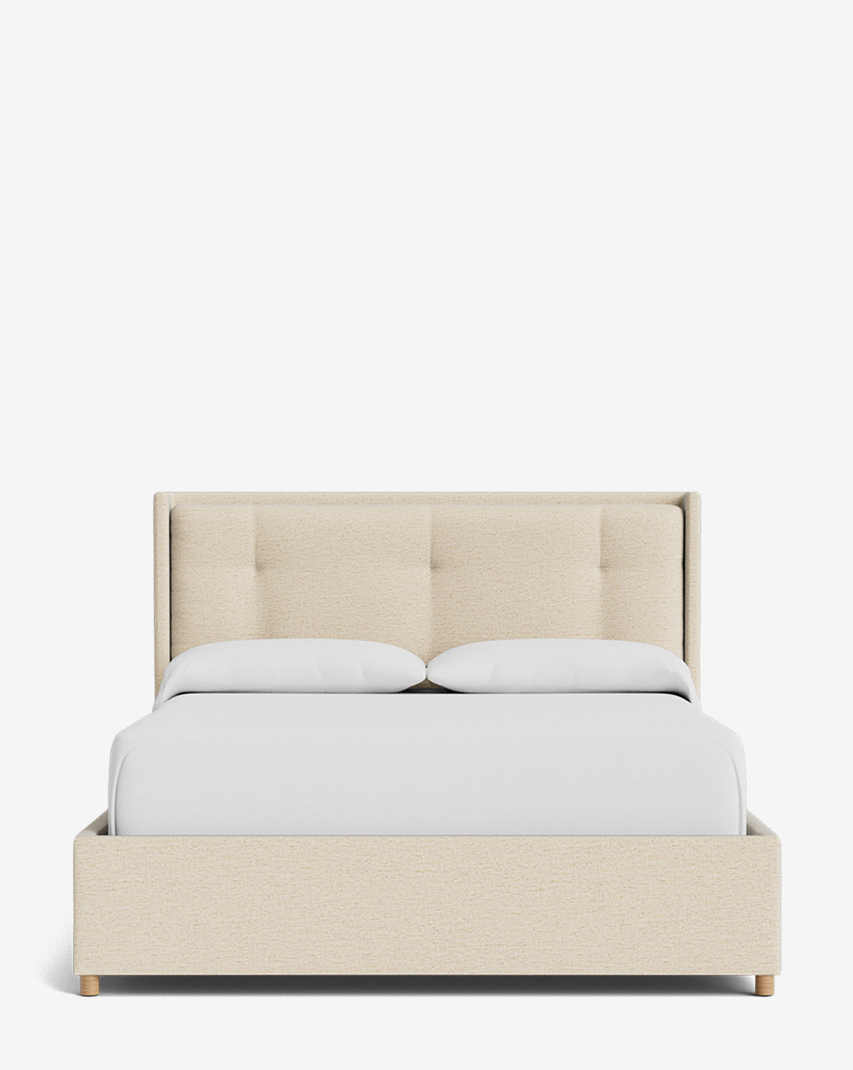 Front view of the Ria Bed Low Headboard, a modern beige upholstered bed with a low headboard, light wood legs, and white bedding against a plain white background, by McGee & Co.