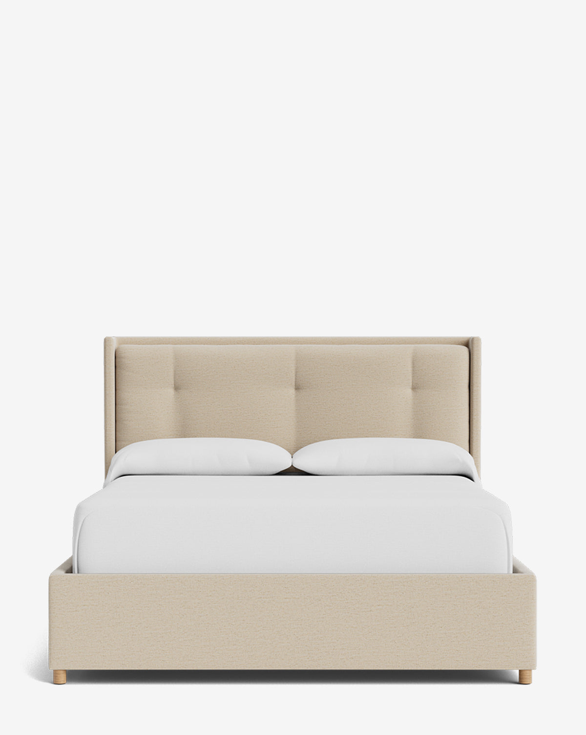 The Ria Bed Low Headboard features beige upholstery with a tufted headboard, two white pillows, and a white blanket, shown from the front against a plain white background for an elegant bedroom touch by McGee & Co.