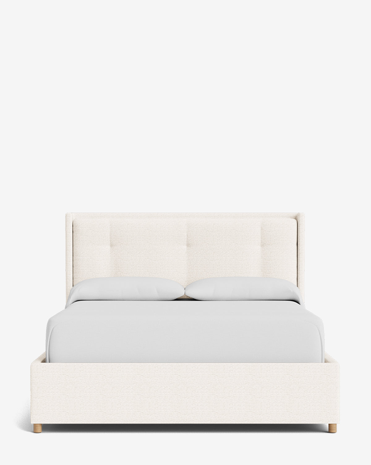 The Ria Bed Low Headboard features modern upholstery in light beige, a sleek low headboard, and is styled with neatly arranged light gray bedding and pillows, all set against a plain white background by McGee & Co.