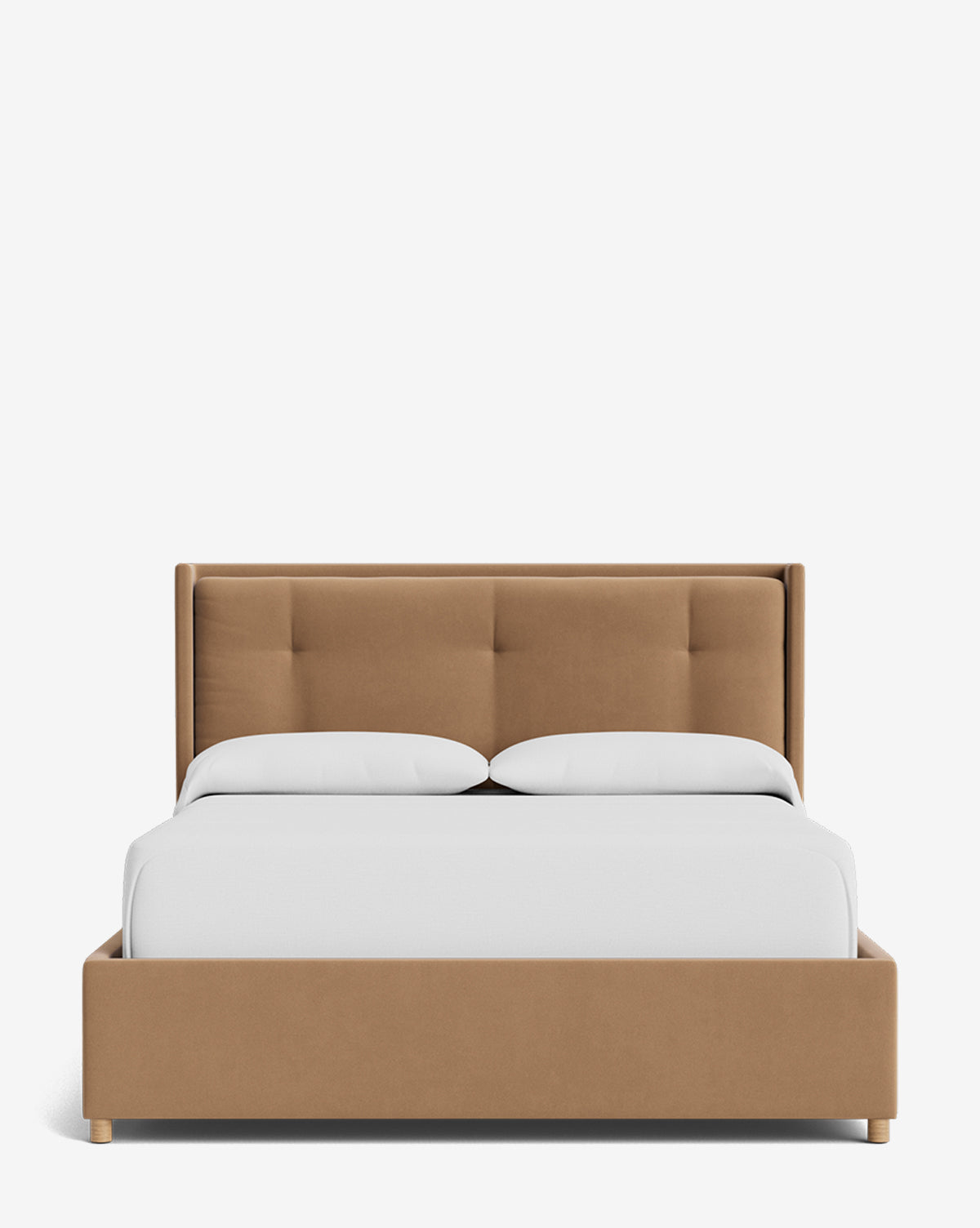 The Ria Bed Low Headboard features a modern tan upholstered frame and headboard, with white bedding and two white pillows, shown against a plain white background—bringing simple elegance to any bedroom, by McGee & Co.
