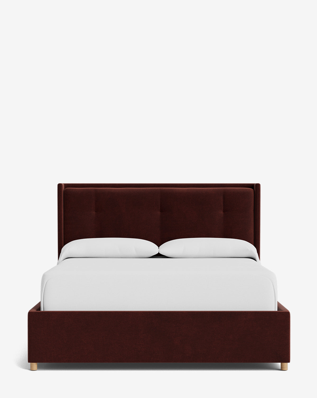 The Ria Bed Low Headboard features a dark brown upholstered frame, neatly made with white bedding and two pillows, displayed against a plain white background, by McGee & Co.