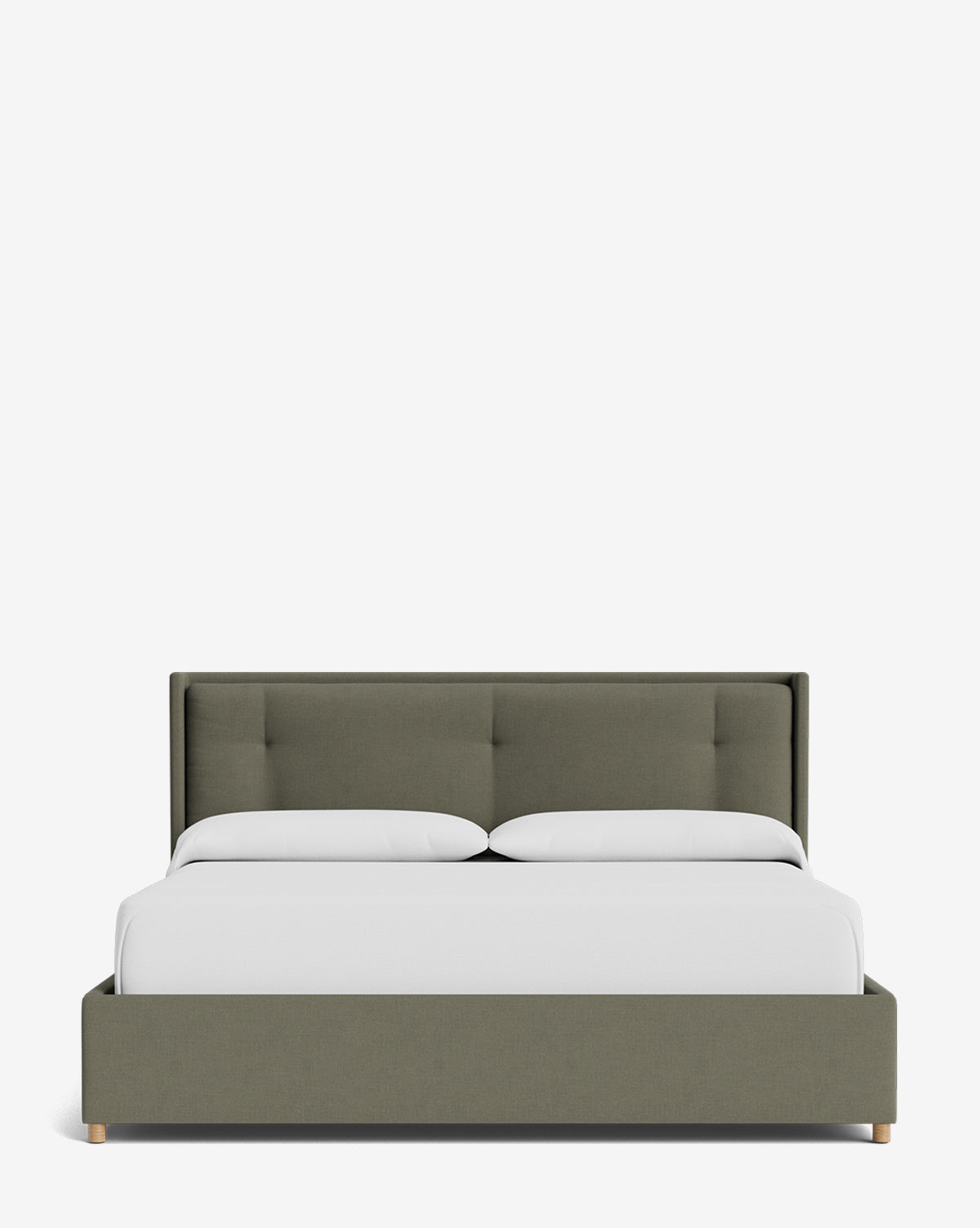 The Ria Bed Low Headboard is a modern upholstered platform bed with a padded headboard, shown in white bedding with two pillows against a plain white background, by McGee & Co.