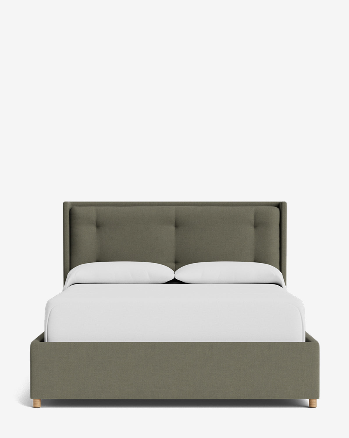 The Ria Bed Low Headboard features an upholstered olive green frame, light wooden legs, and white bedding. Its simple, modern design with clean lines sits against a plain white background, by McGee & Co.