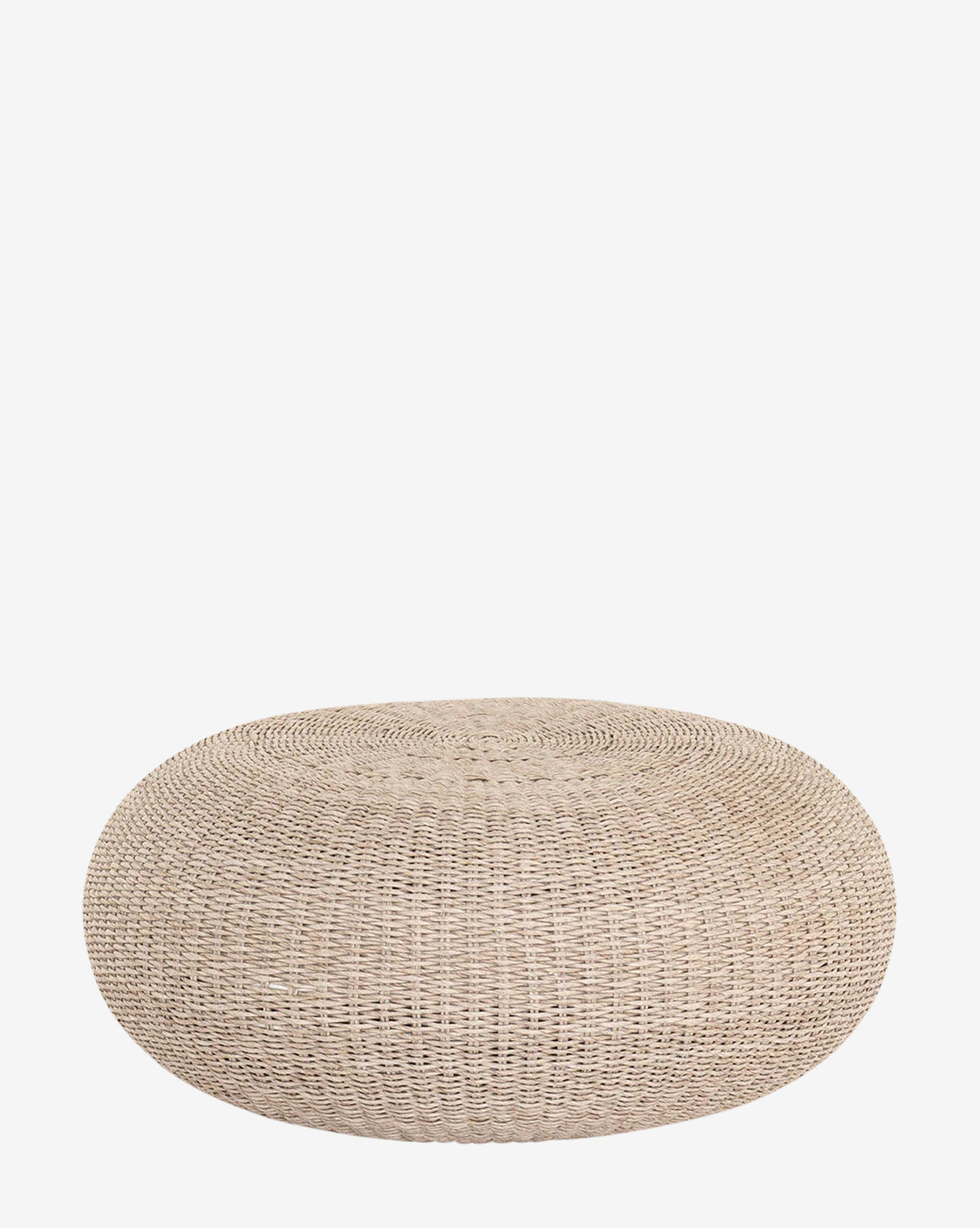 The Rimma Outdoor Coffee Table, a round beige piece with a textured surface, is crafted from all-weather wicker and displayed against a plain white background by McGee & Co.