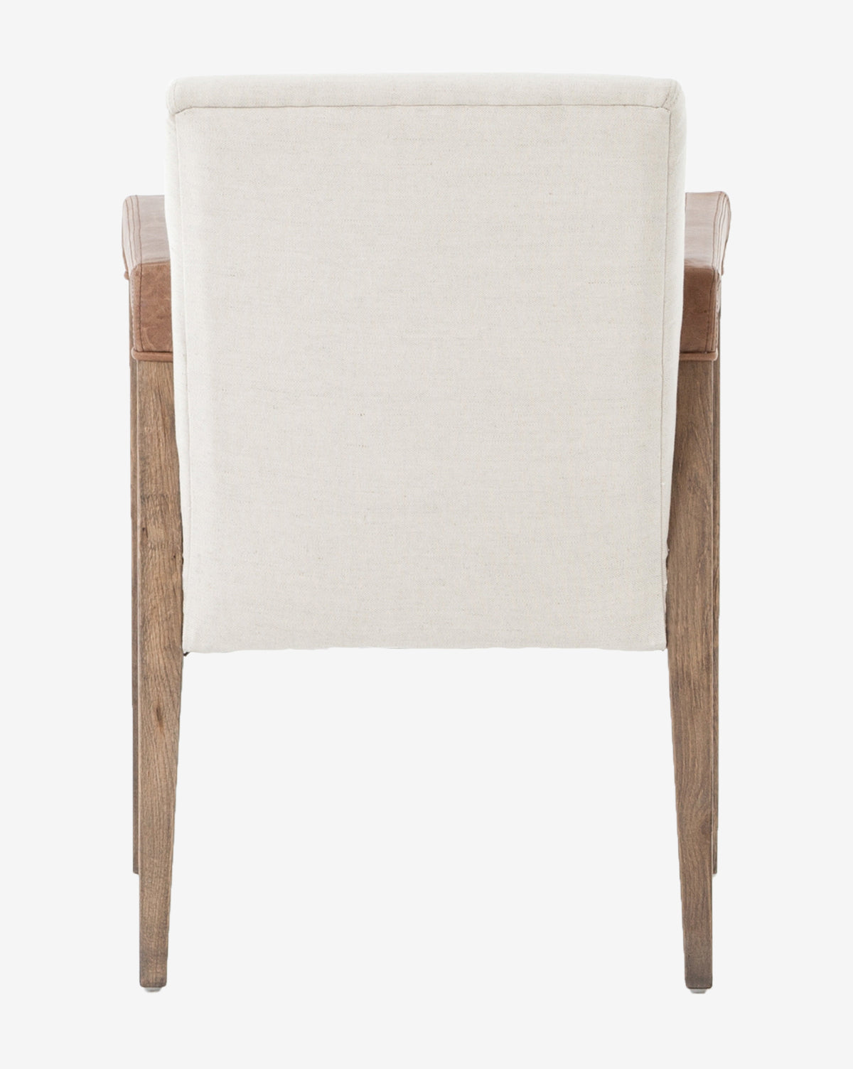 The Robby Dining Armchair features a modern, elegant design with a beige linen blend seat and wooden legs, shown from the back against a white background, by McGee & Co.