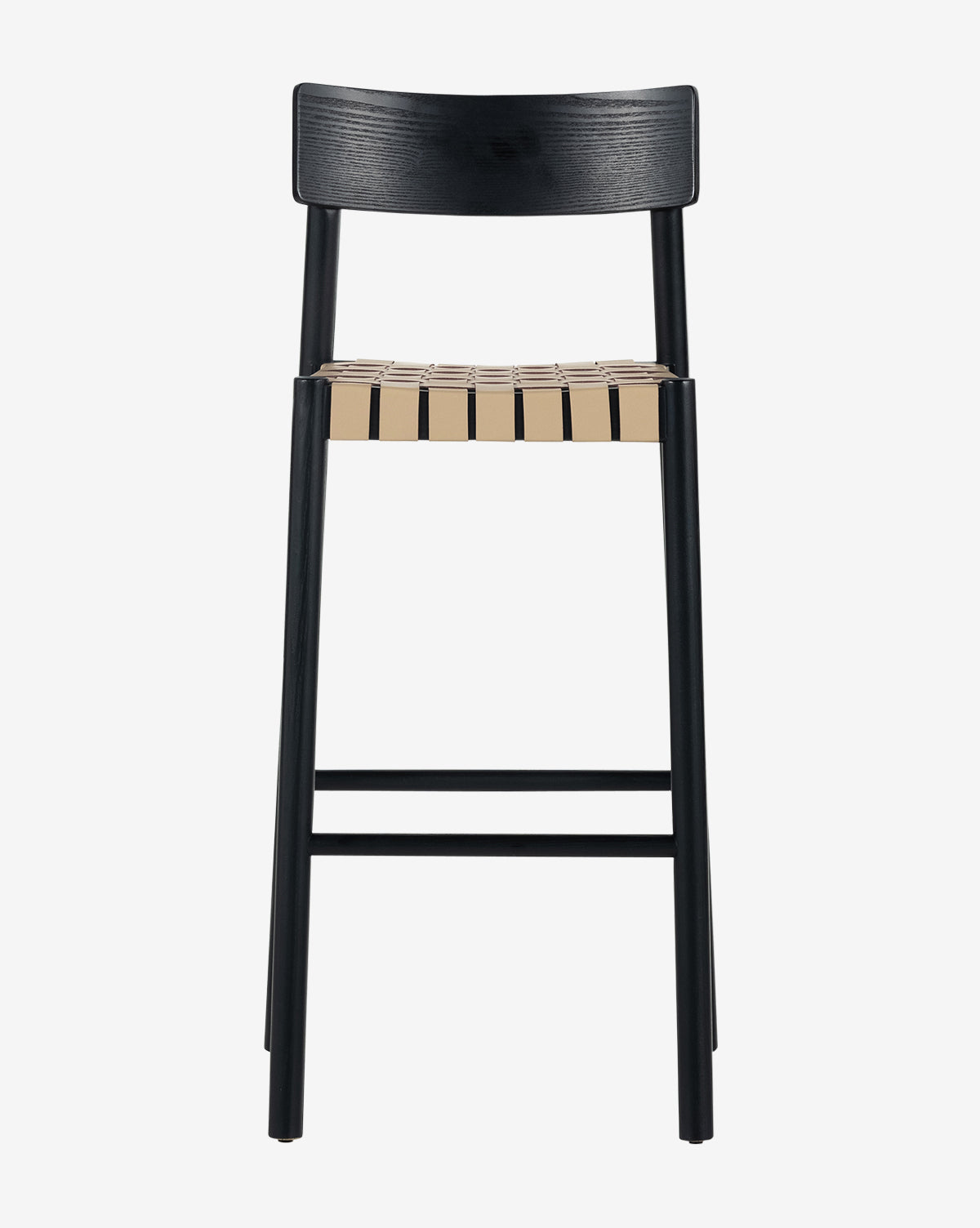 The Robson Stool is a modern kitchen stool with a wooden backrest, a light woven leather seat, and a sleek black frame, displayed on a plain white background by McGee & Co.