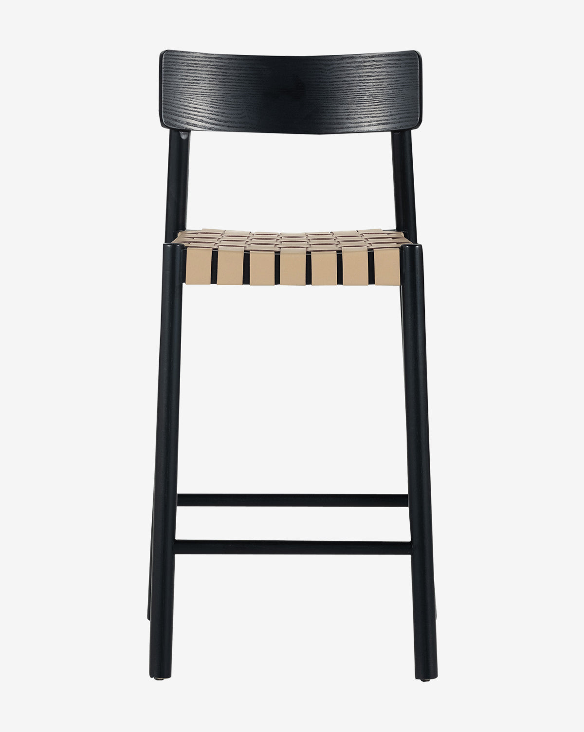 The Robson Stool is a modern kitchen stool with black wooden legs and backrest, complemented by a beige woven leather seat with black accents, shown on a white background by McGee & Co.