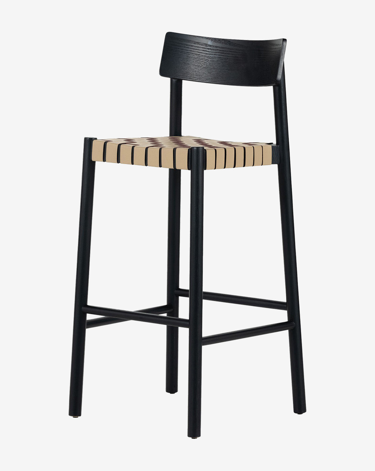 The Robson Stool is a modern kitchen stool with a black wooden frame, curved backrest, and a beige and brown woven leather seat. Four straight legs are joined by horizontal bars for extra stability and style, by McGee & Co.