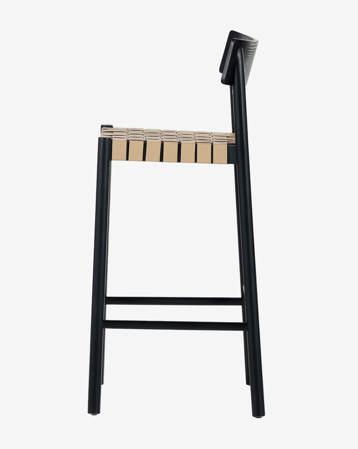 The Robson Stool is a modern kitchen stool with a black frame, beige woven leather seat, and angled black backrest, displayed in profile against a white background, by McGee & Co.