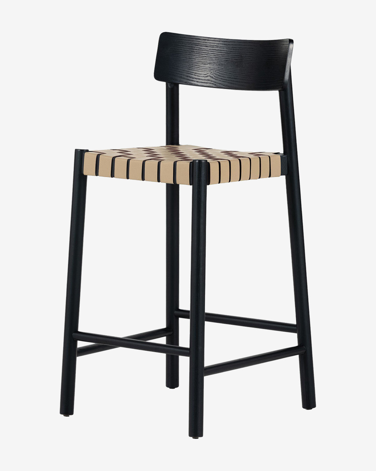 The Robson Stool is a modern bar stool with a wooden frame, curved backrest, and wide woven beige straps on the seat, making it an ideal minimalist kitchen stool for contemporary spaces, by McGee & Co.
