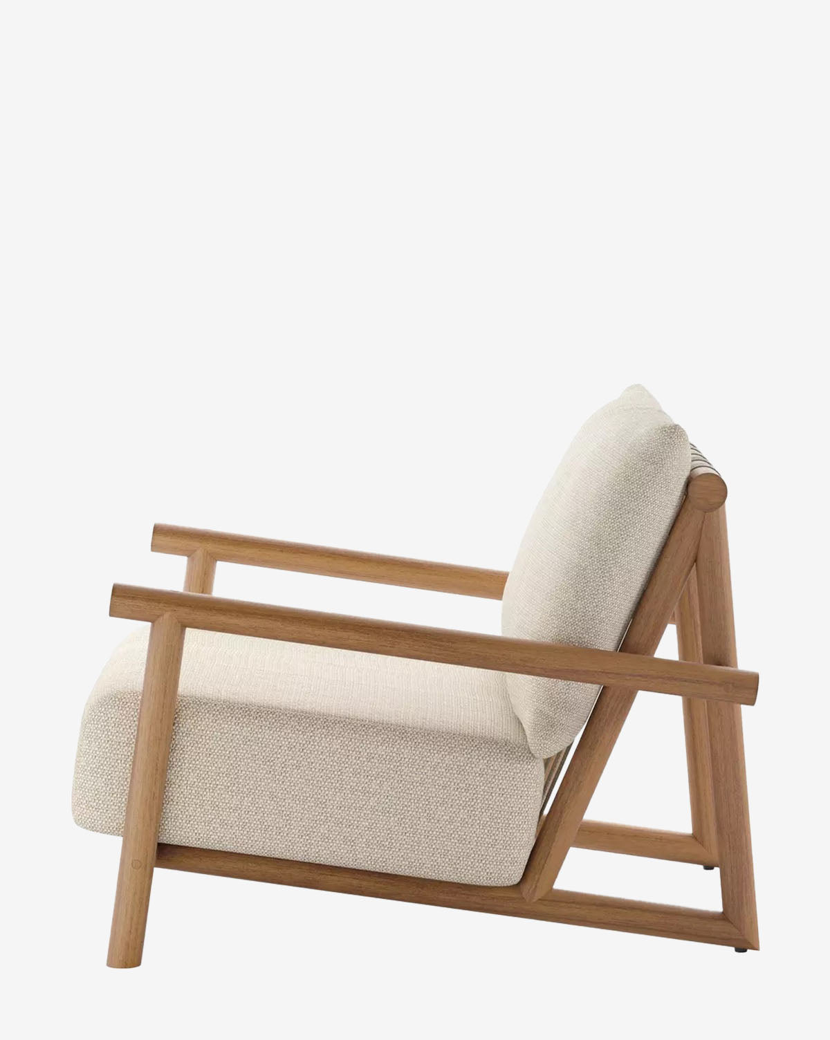 Side view of the Romane Outdoor Chair, featuring a modern teak wood frame, angled armrests and legs, and light beige fabric upholstery designed for outdoor use, by McGee & Co.