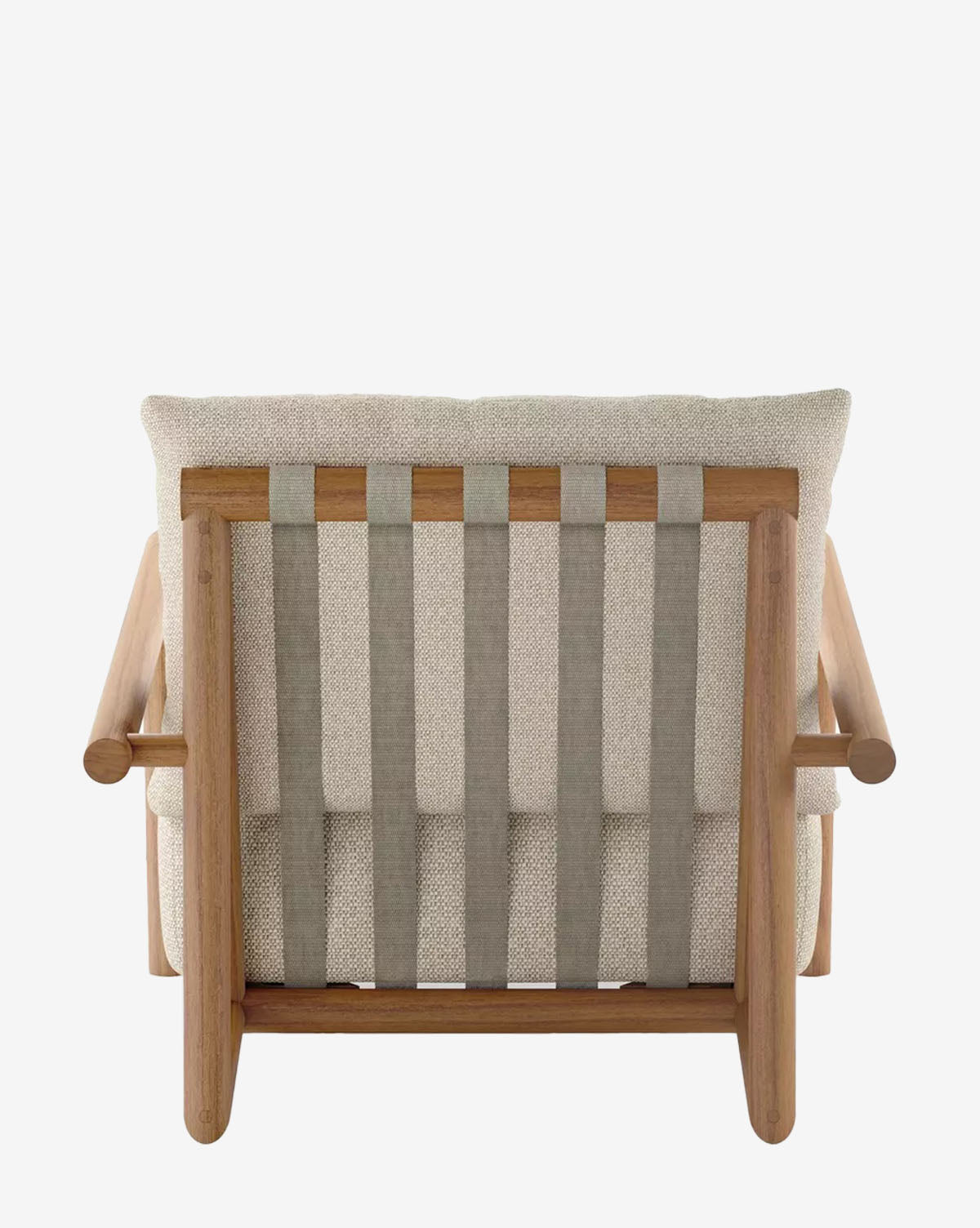 The Romane Outdoor Chair is shown from the back, featuring a light cushioned seat and backrest with wide, outdoor fabric straps running vertically along the frame, set against a white background by McGee & Co.