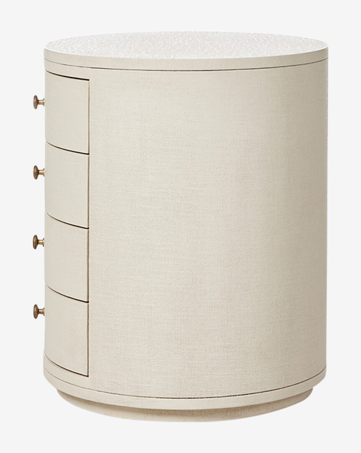 The Rosalie Nightstand is an ivory-painted linen piece with a textured finish and four small left-side drawers with round knobs, providing stylish storage in a sleek, minimalist design by McGee & Co.