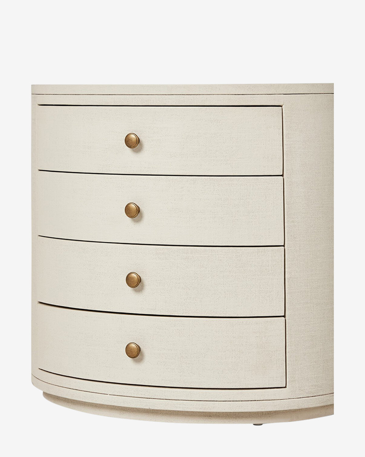 The Rosalie Nightstand is a modern curved dresser with four drawers, upholstered in ivory-painted linen fabric and finished with round gold-colored knobs—ideal for bedside storage, displayed against a plain white background by McGee & Co.