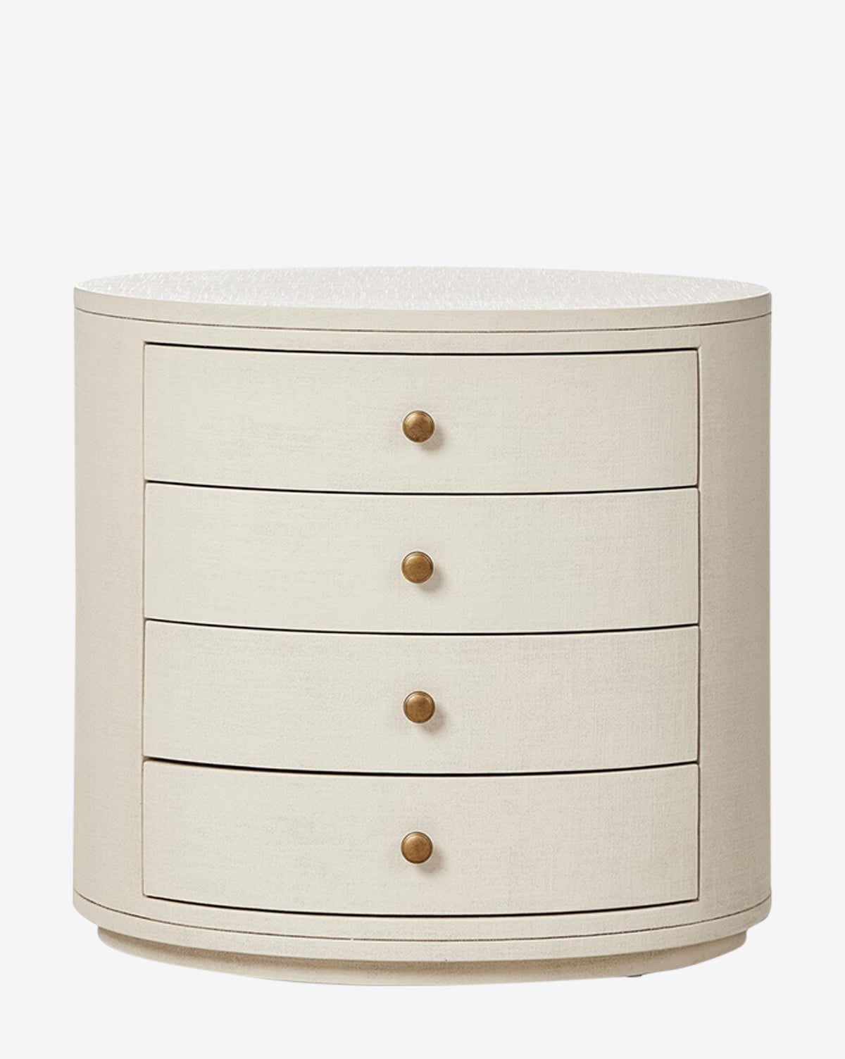 The Rosalie Nightstand, painted ivory, features four linen drawers with small round gold knobs for elegant bedside storage, shown against a plain white background by McGee & Co.