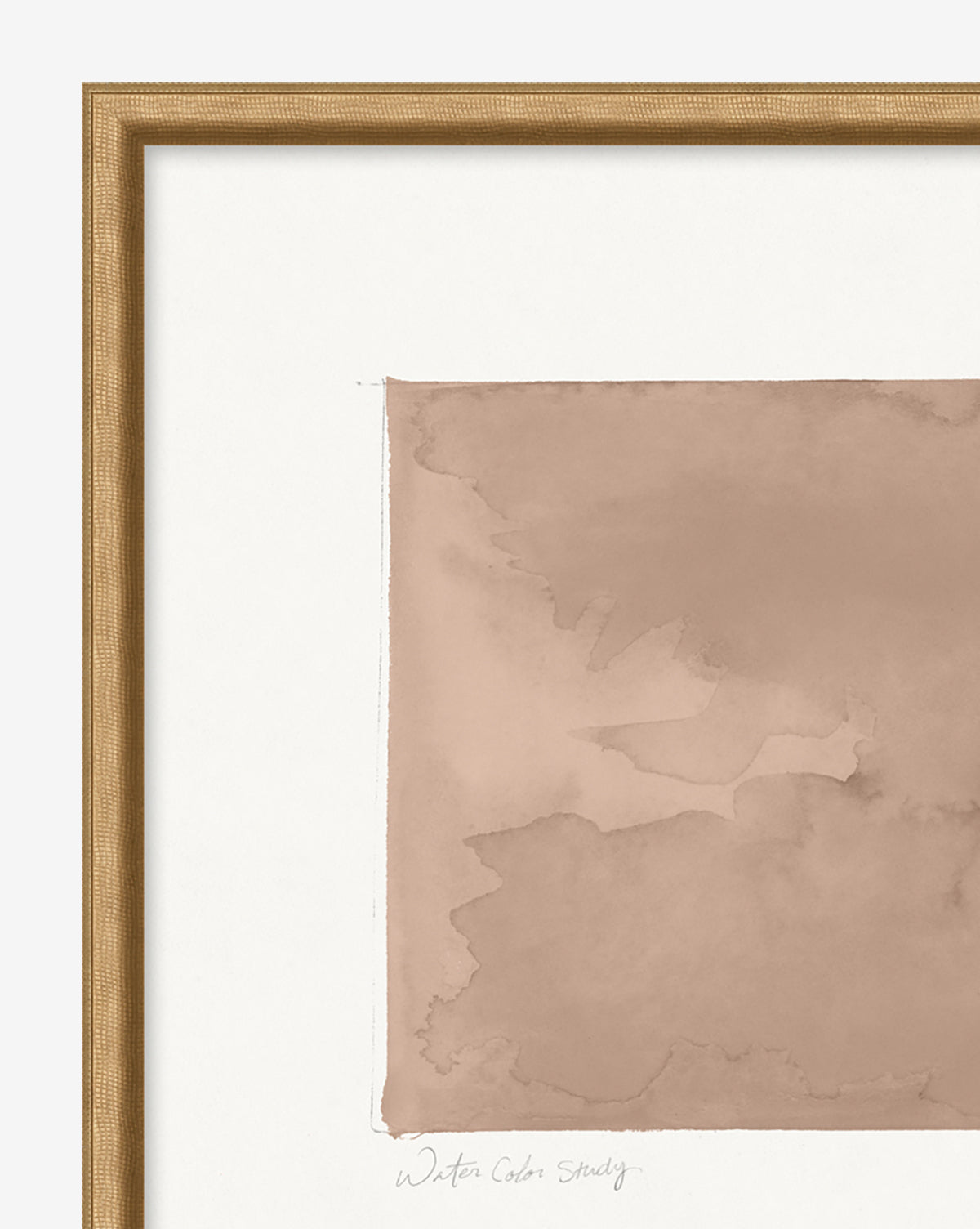 Rose Study is a framed abstract watercolor in soft brown tones, showcasing irregular shapes and washes. Displayed in a gallery-quality light wood frame, it features part of the white mat and handwritten Rose Study at the bottom.