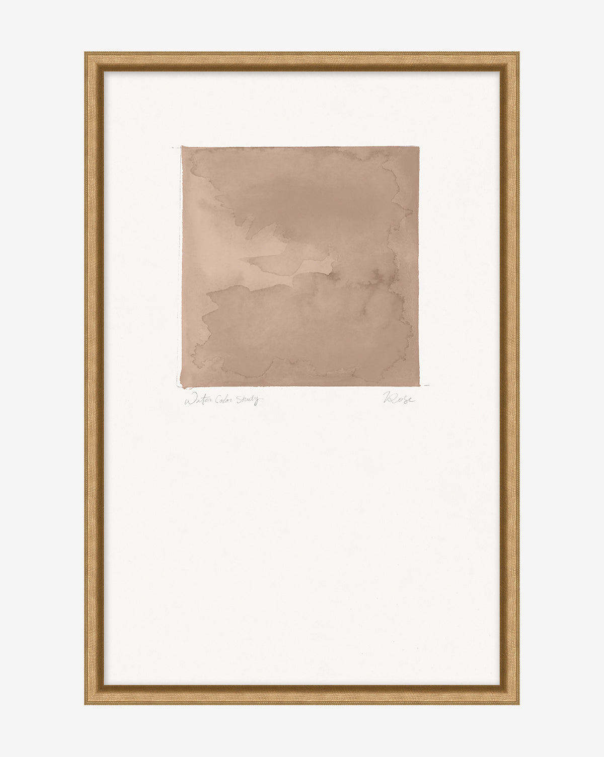 Rose Study is a framed minimalist abstract art piece showcasing a square area of muted brown watercolor with soft blending and uneven edges, centered on white. It comes in a gallery-quality light wood frame for a refined finish.