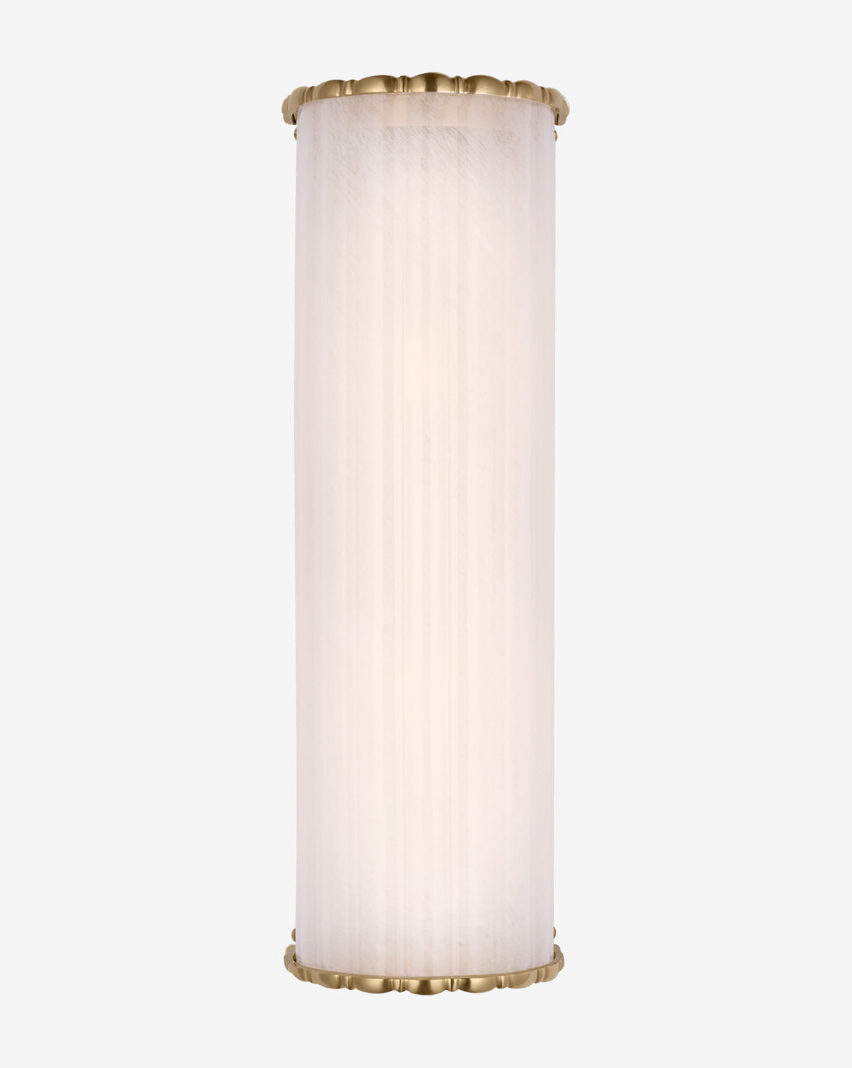 The Rosehill Linear Sconce by Visual Comfort & Co. Signature showcases a cylindrical white glass shade with brass trim, delivering elegant lighting against a simple light background, and is available at McGee & Co.
