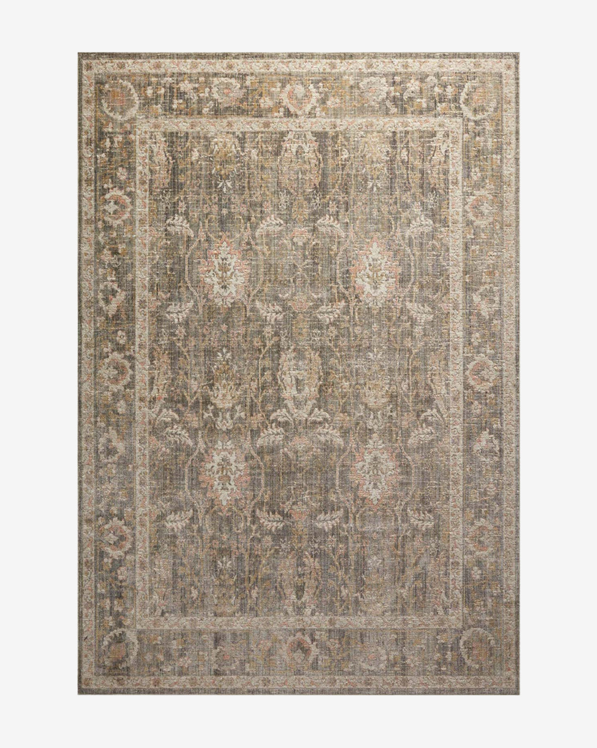 The Rosemarie Collection No. 1 Sage is a rectangular low pile rug featuring a muted, vintage-inspired floral and geometric pattern in beige, brown, and gray with a decorative border, by McGee & Co.