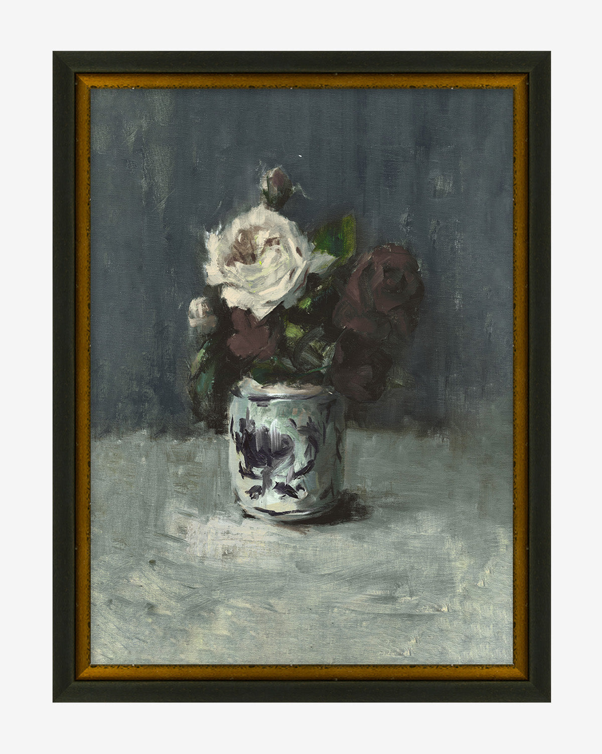 Roses is a museum-quality still life of white and dark red rose bouquets in a blue and white vase, set against a muted blue-gray background with soft lighting, all elegantly presented in a classic wood frame.