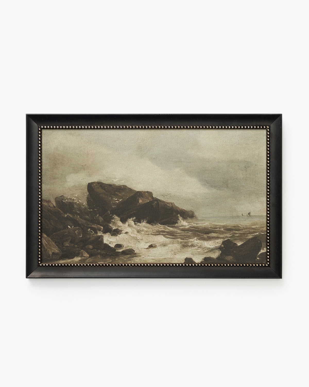 Rough Sea Shores is a gallery-quality framed painting depicting waves crashing against a windswept shoreline under cloudy skies, with a small boat visible in the distance on the right, by McGee & Co.