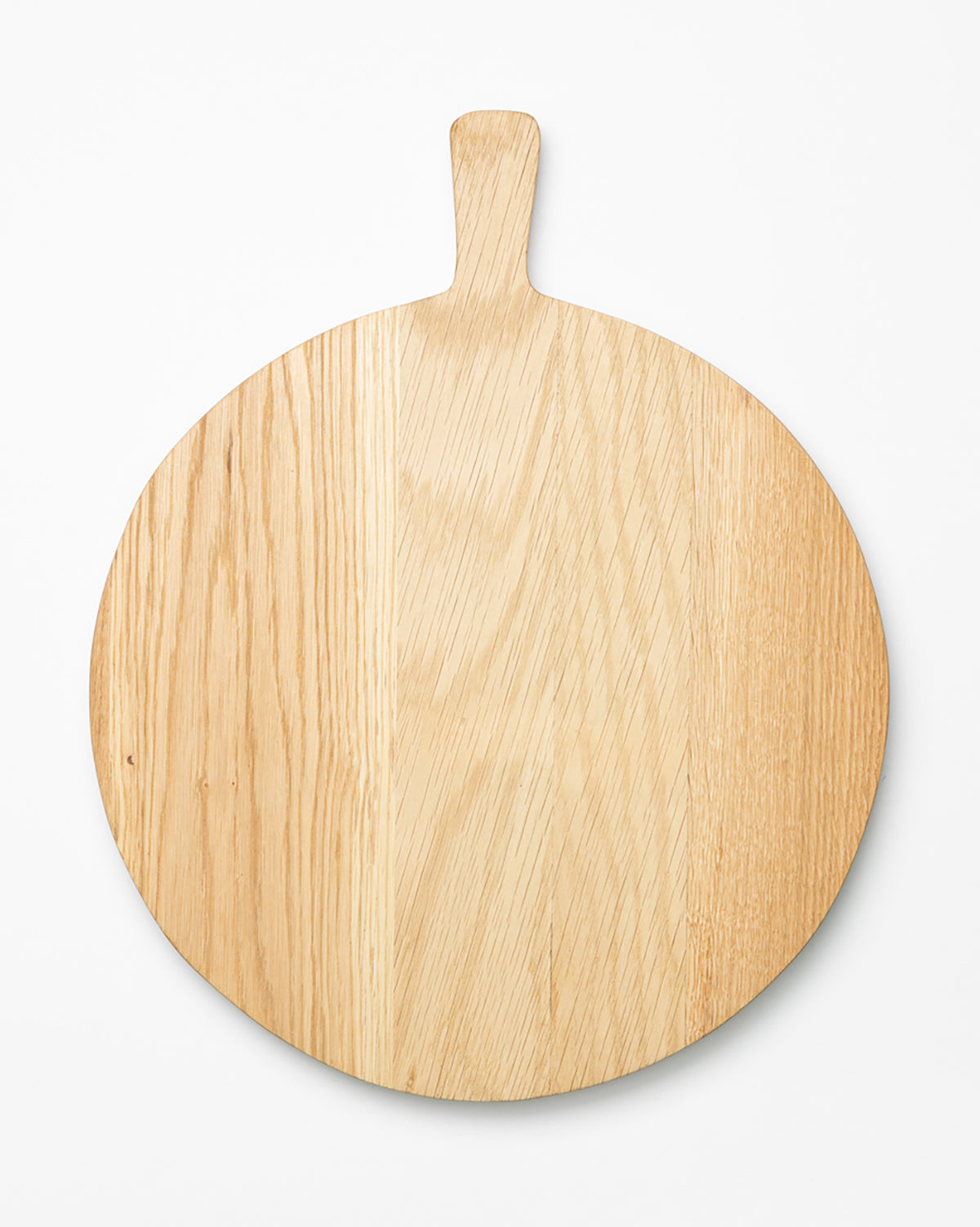 The Round Oak Bread Board with handle is displayed on a white background, by McGee & Co.