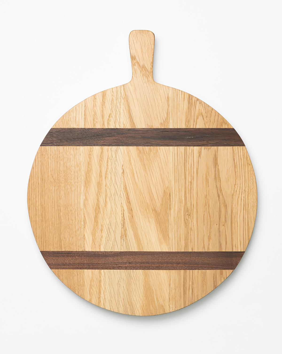 The Round Oak Bread Board features a handle and two dark horizontal wood stripes across its surface, displayed against a white background, by McGee & Co.
