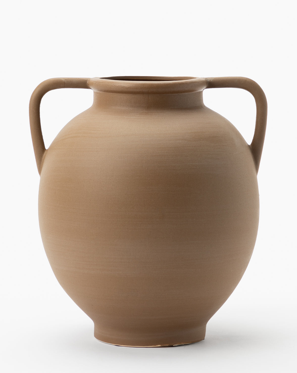 The Rounded Dual Handled Vase features a soft brown, round shape with dual handles, a tapered base, and a wide top opening, displayed on a plain white background.