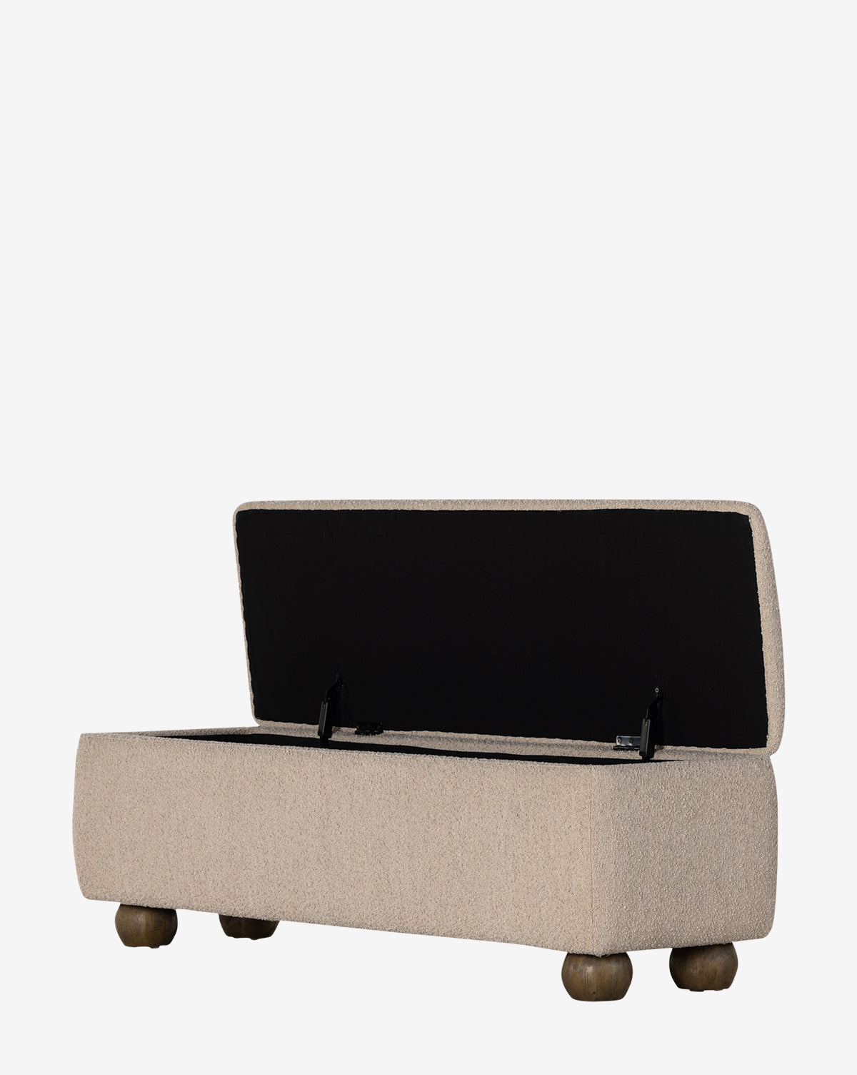 The Rowley Trunk is a beige upholstered storage bench with a hinged lid, revealing interior storage. Featuring a modern design and four rounded wooden legs, this rectangular bench is displayed against a plain white background by McGee & Co.