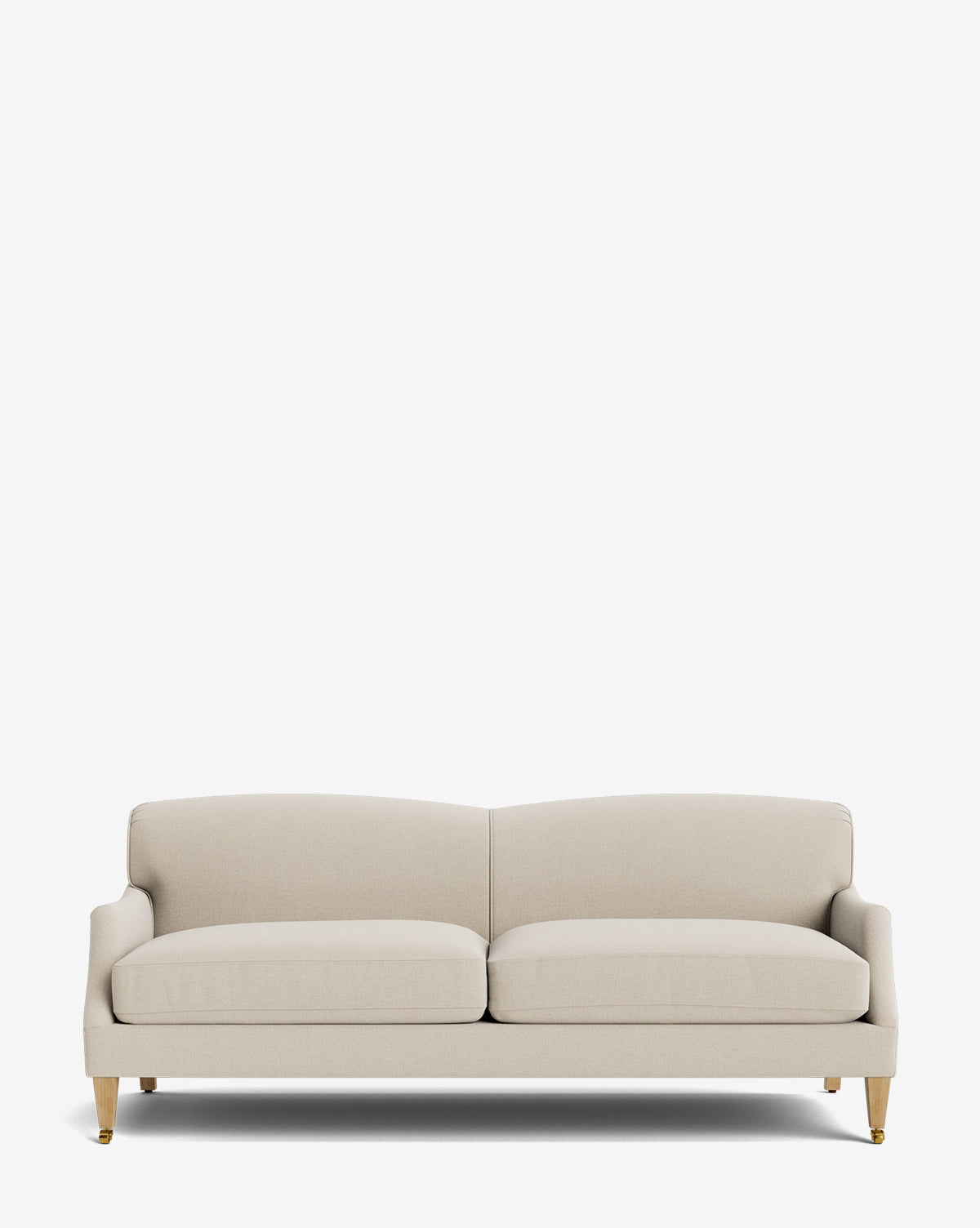 The Rowley Sofa 85 by Rowe Fine Furniture, Inc. is a modern, light beige two-seater with soft cushions and wood legs with gold-tone caps. Hand-crafted and customizable, it is shown on a plain white background. McGee & Co.